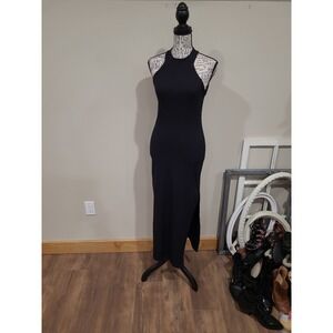 Black Ribbed Knit Halter style Body Con Midi dress Women SZ S curvy bad girl HOT